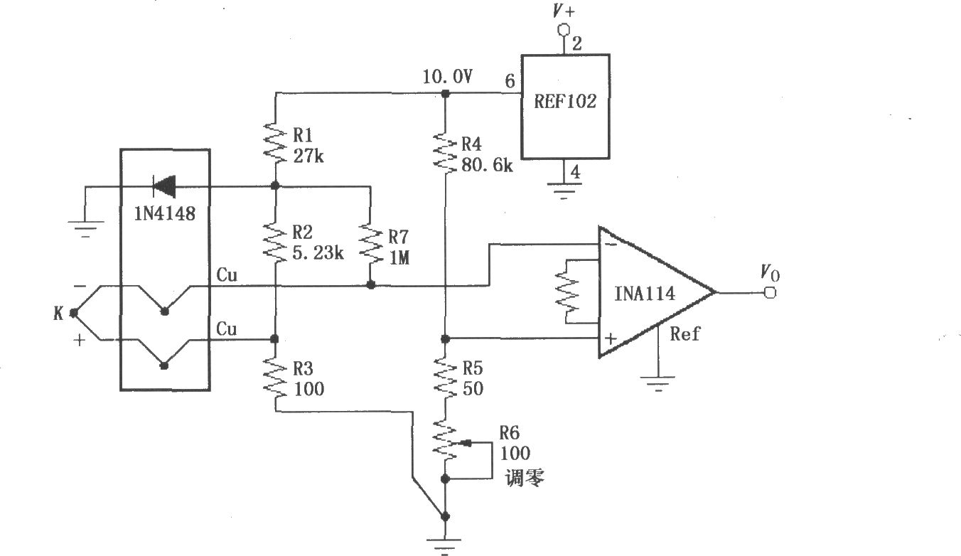 具有冷端补偿的热电偶放大电路(INA114)