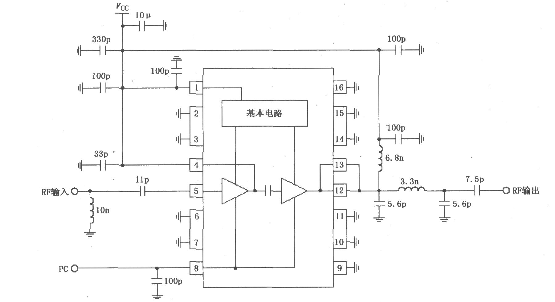 由RF2104构成的830MHz中功率放大器原理电路