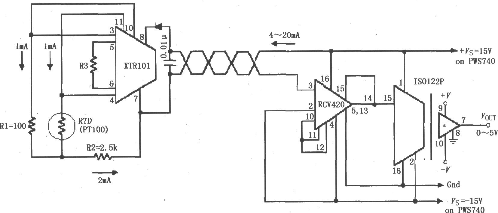 检测4～20mA环路仪器放大电路(ISO122P/124、XTR101、RCV420)