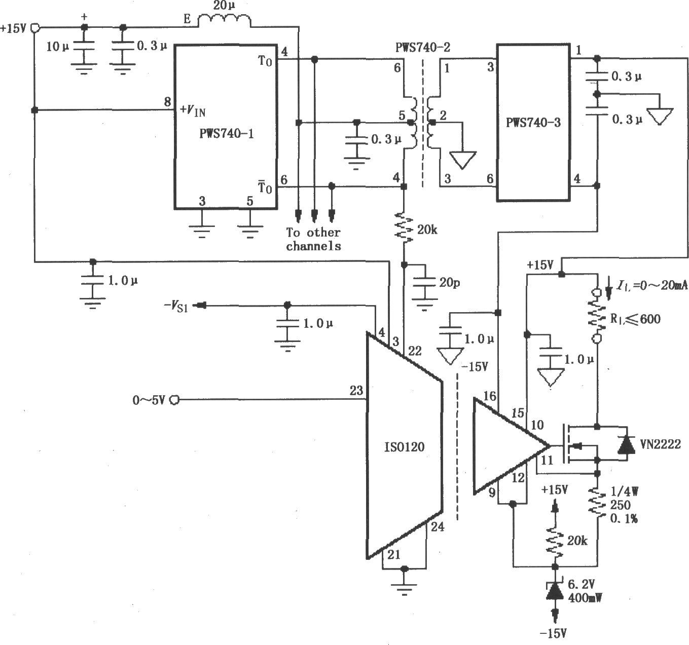 由ISO120与PWS740构成的八通道隔离式0～20mA电流环电路