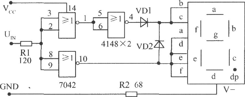 使用TTL或非门接成反相器配用共阴极数码管构成的电平测试电路