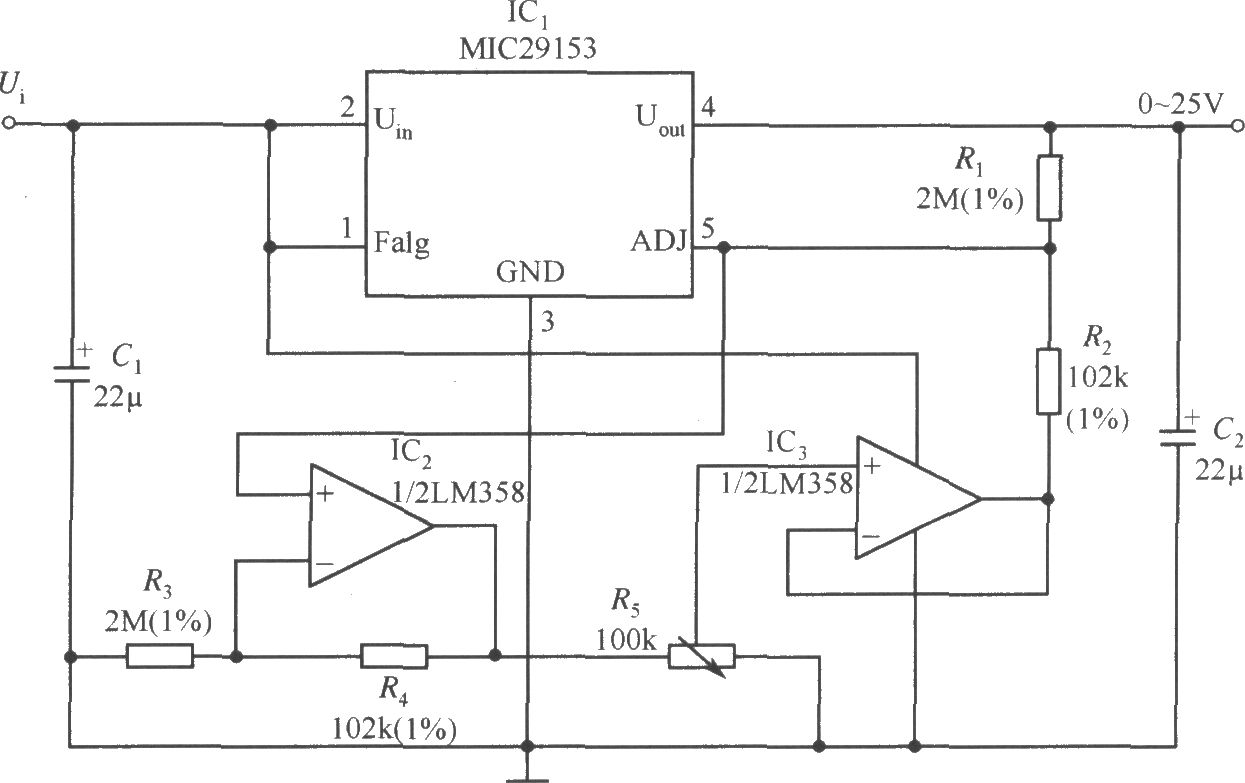 MIC29153构成的输出电压0～25V连续可调的稳压器电