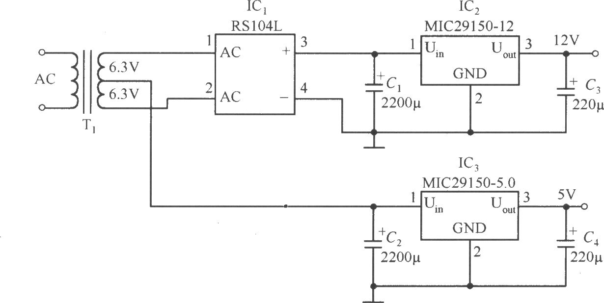 MIC29150-12和MIC29150-5.0稳压器构成的低成本的双路输