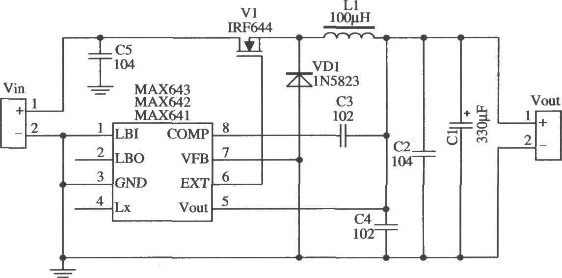 MAX641/MAX642构成降压型输出电流较大的应用电路