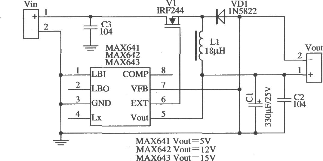 MAX641/MAX642构成降压型固定输出的应用电路