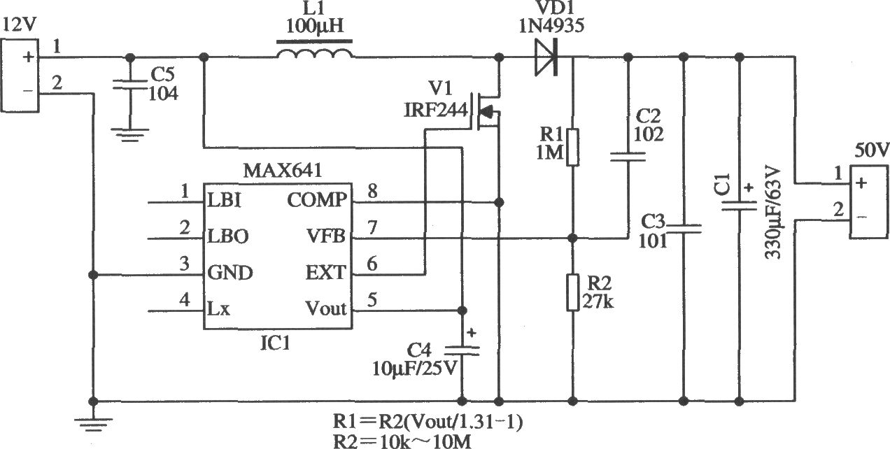 MAX641构成的输出电压较高的升压型应用电路