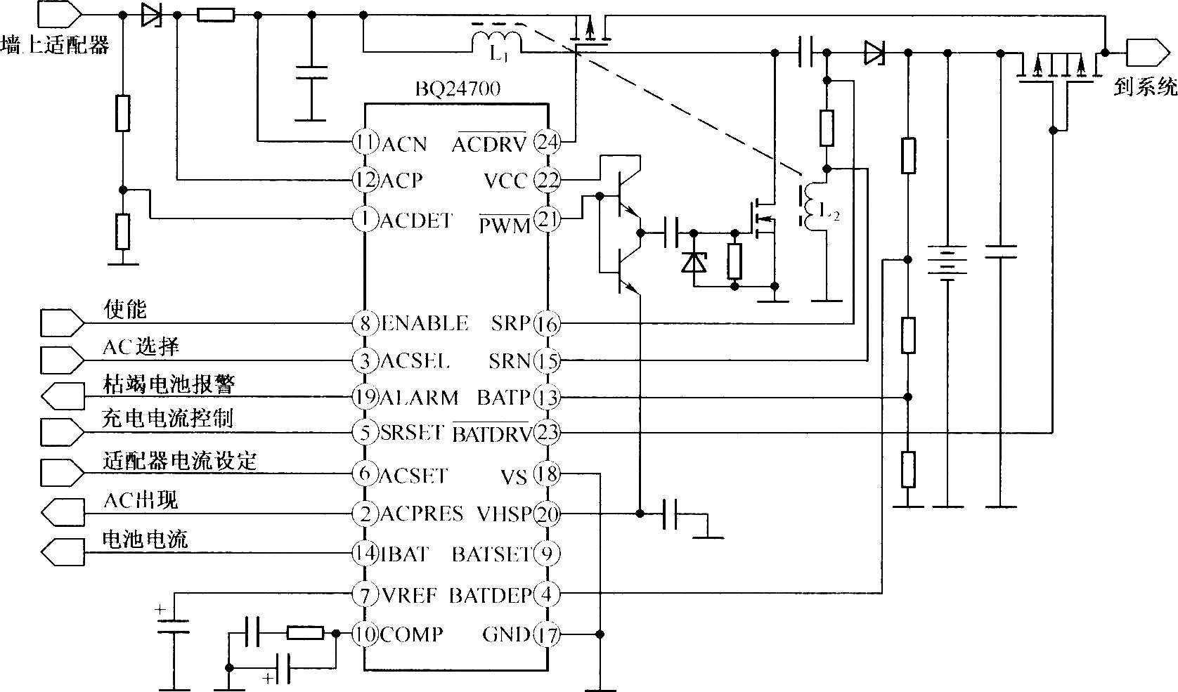 由BQ24007组成的单端初级电感变换器的拓扑结构