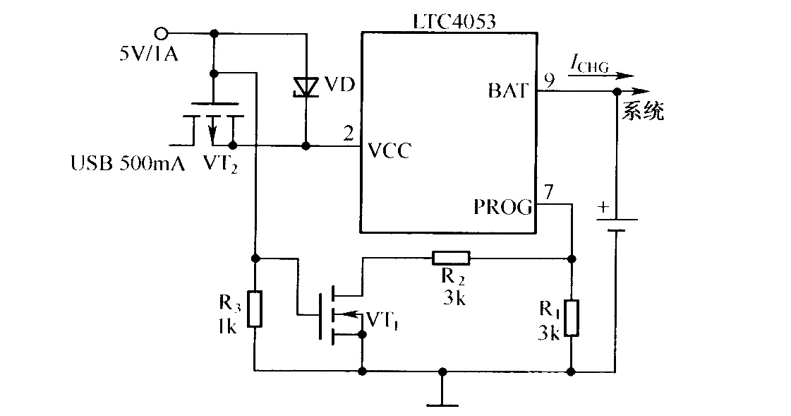 USB端口及墙上适配器供电的充电器原理图(LTC053