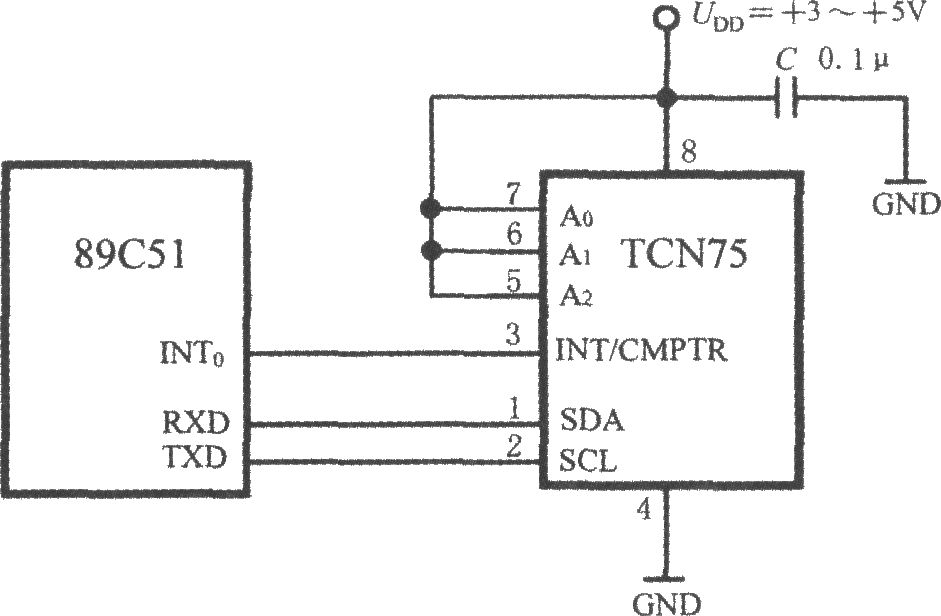 带二线串行接口智能温度传感器TCN75与89C51单片机的接口电路