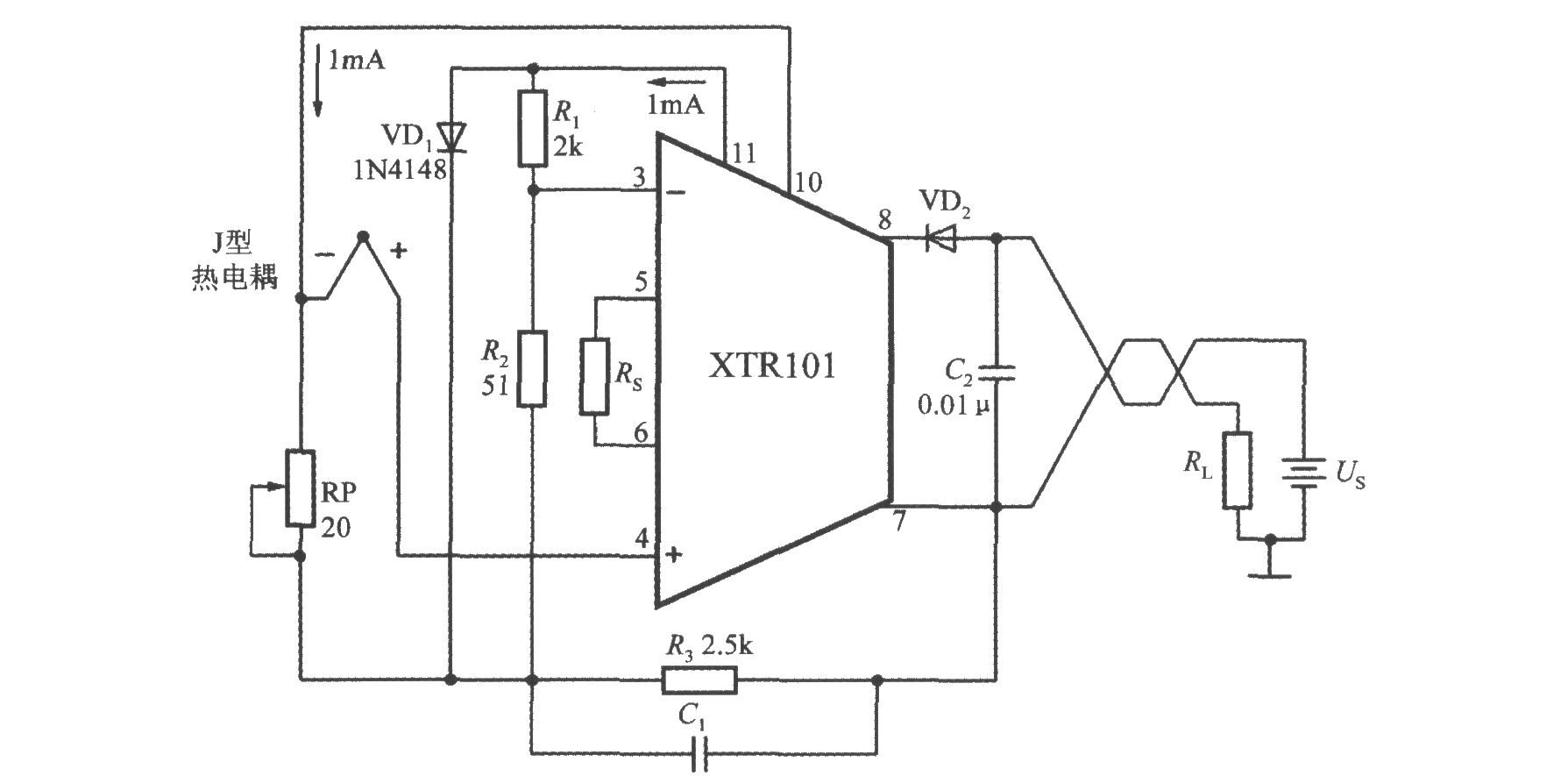 由精密电流变送器XTR101构成带冷端温度补偿功能的J型热电偶输入