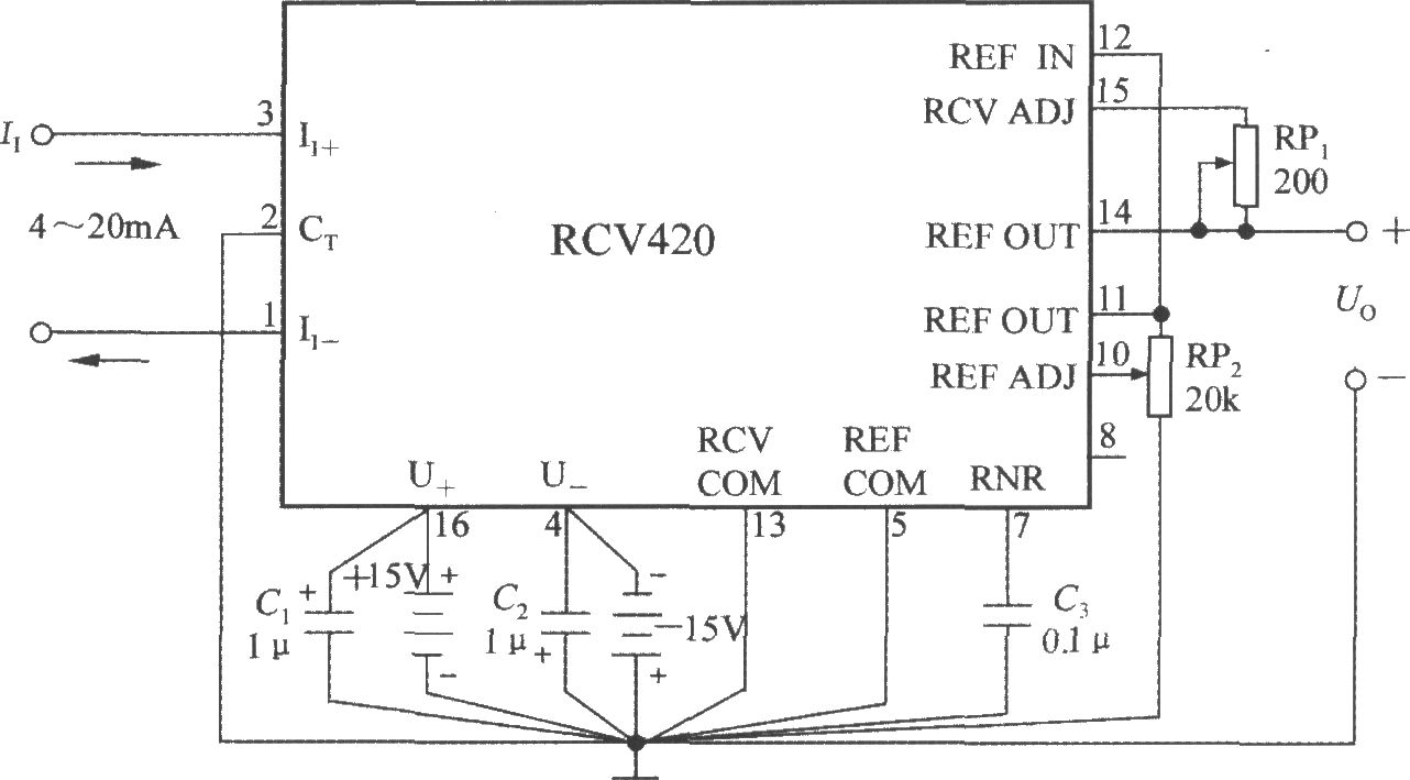 精密电流／电压转换器RCV420的典型应用电路