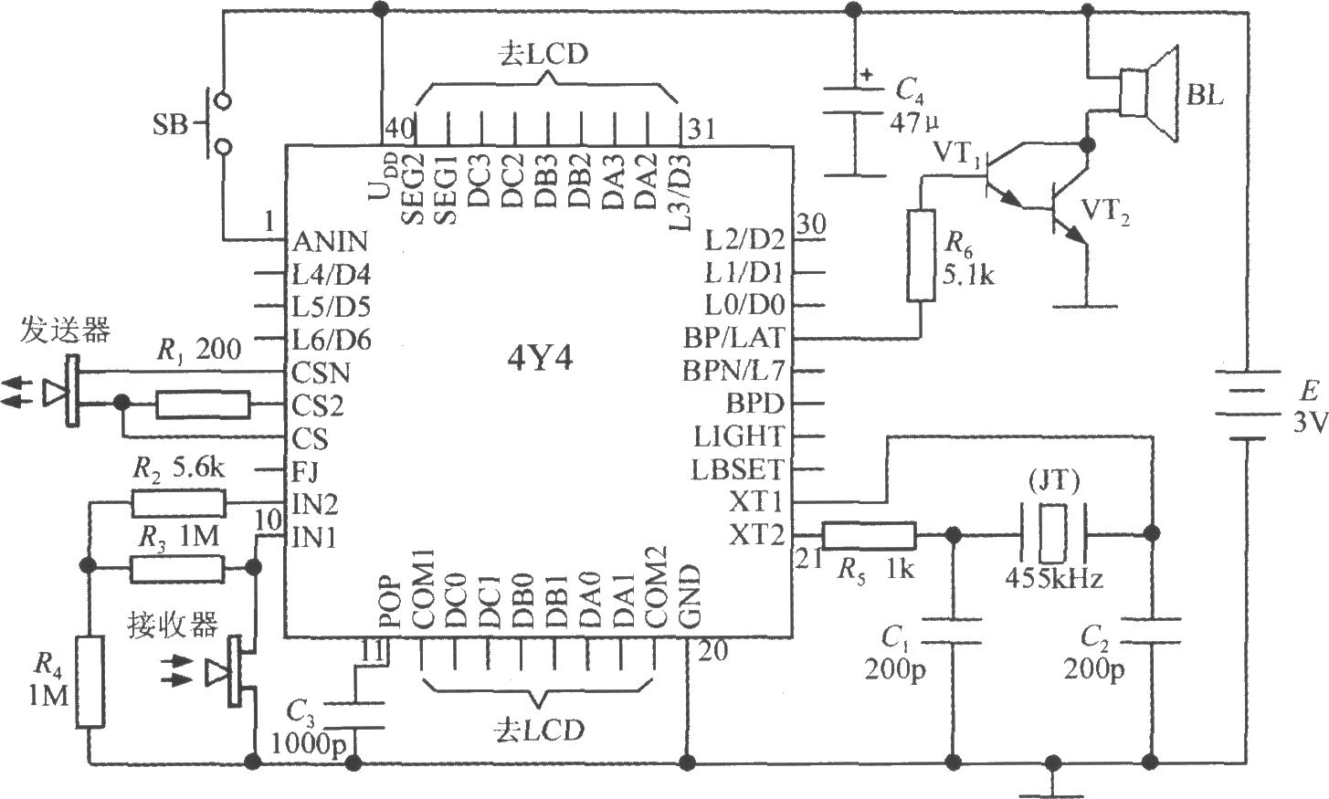 由智能化超声波测距集成电路4Y4构成单片液晶显示测距仪电路