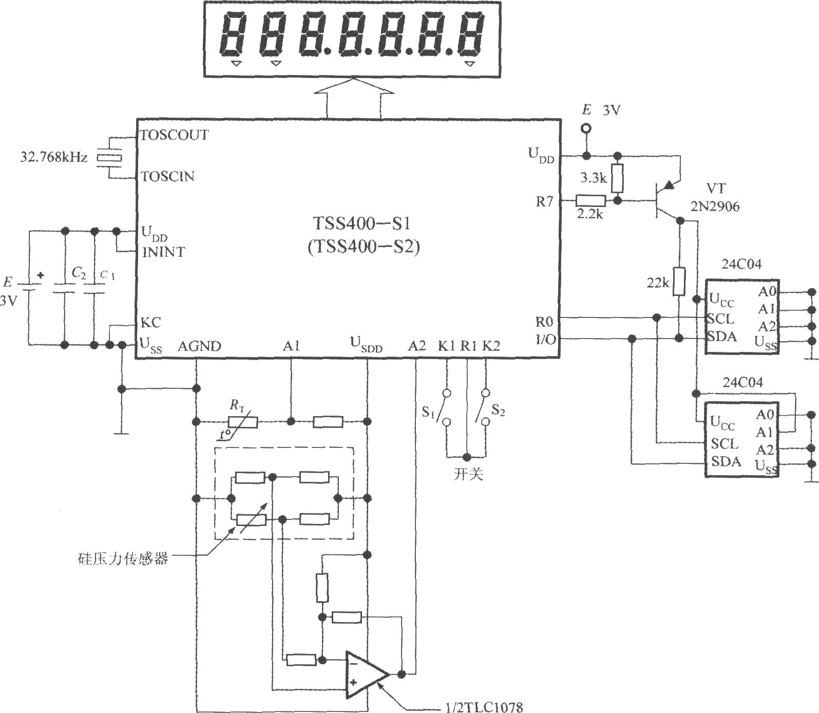 低功耗可编程传感器信号处理器TSS400-S1／S2的典型应用电路图