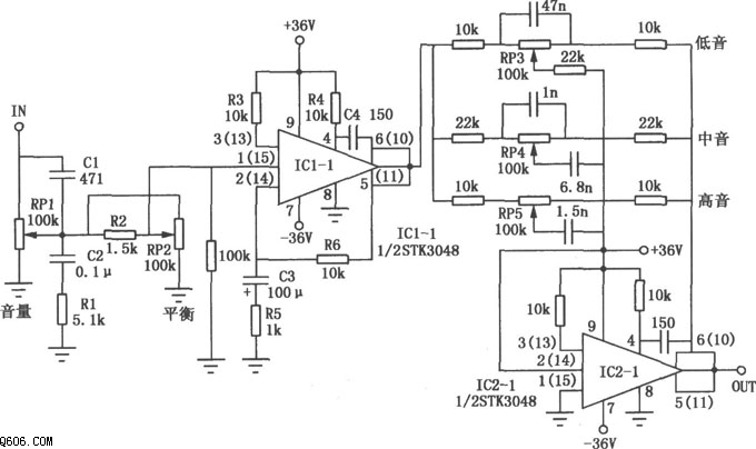 双运放三段音调处理电路图