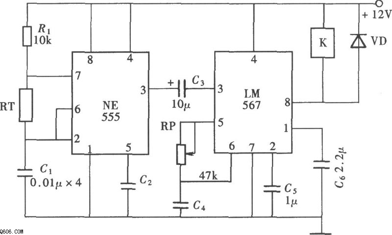 LM567、NE555组成的温频转换式温控器电路图