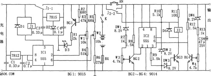 555构成的有稳压充电回路的蓄电池保护器电路图