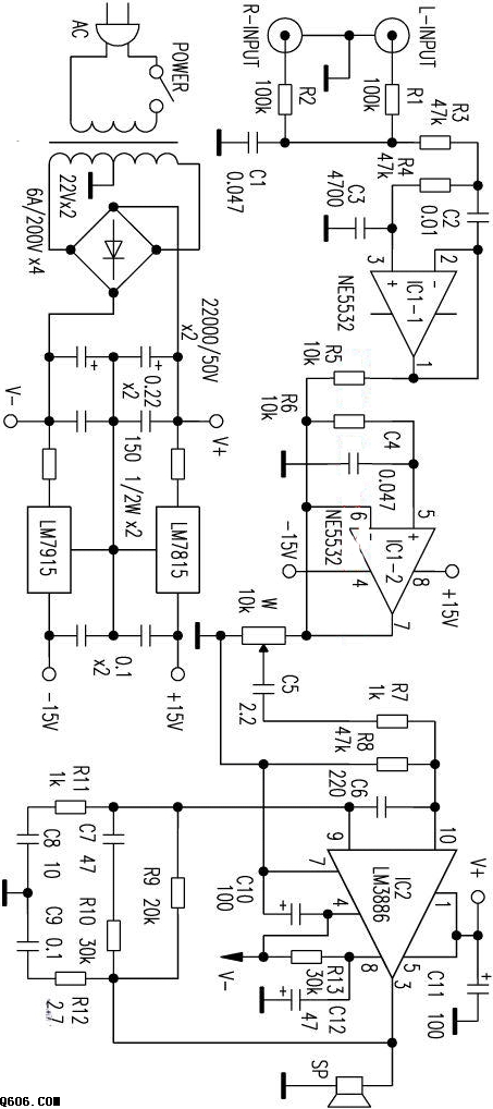 NE5532、LM3886超重低音炮电路图