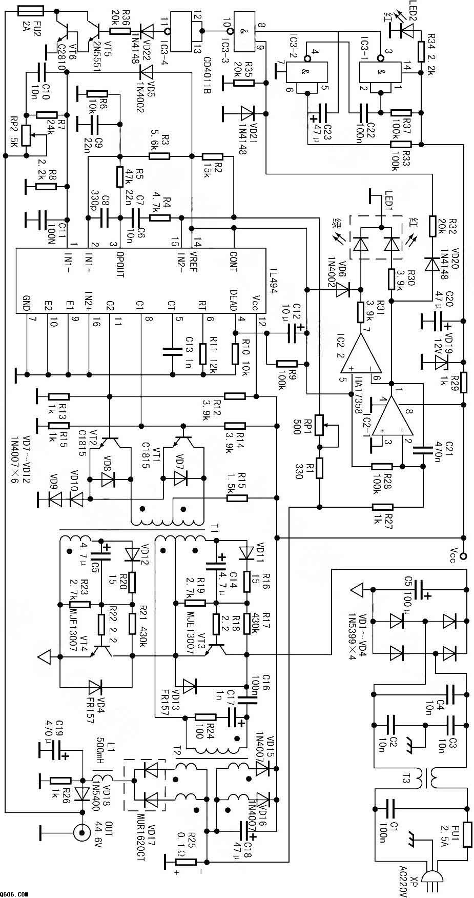 TL494制作的一款电动车充电器电路图