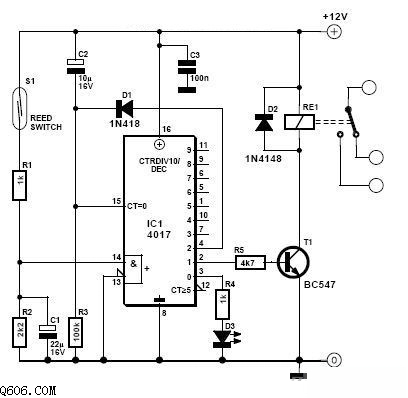 采用CD4017干簧接近开关传感器电路图
