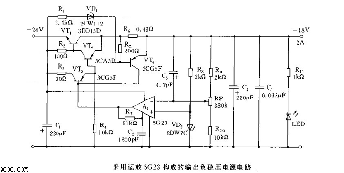 运放5G23构成的输出负稳压电源电路