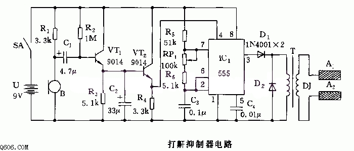 555打鼾抑制器电路图