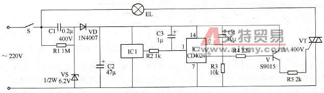 采用CD4024计数器的红外线遥控开关电路
