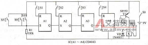 采用CD4043触发器的电子密码锁电路