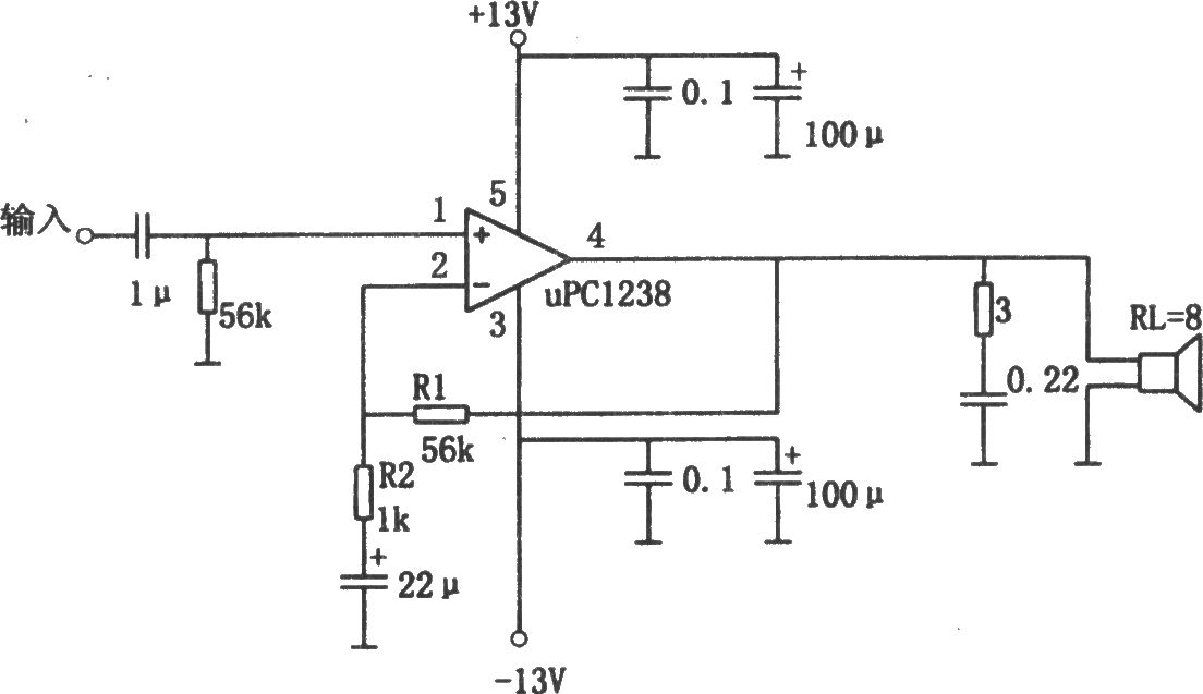 μPC1238构成的1OW音频功率放大器