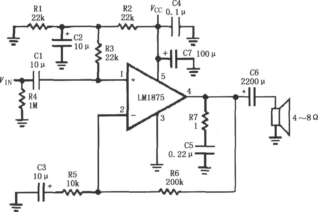 LM1875单电源供电的音频功率放大电路