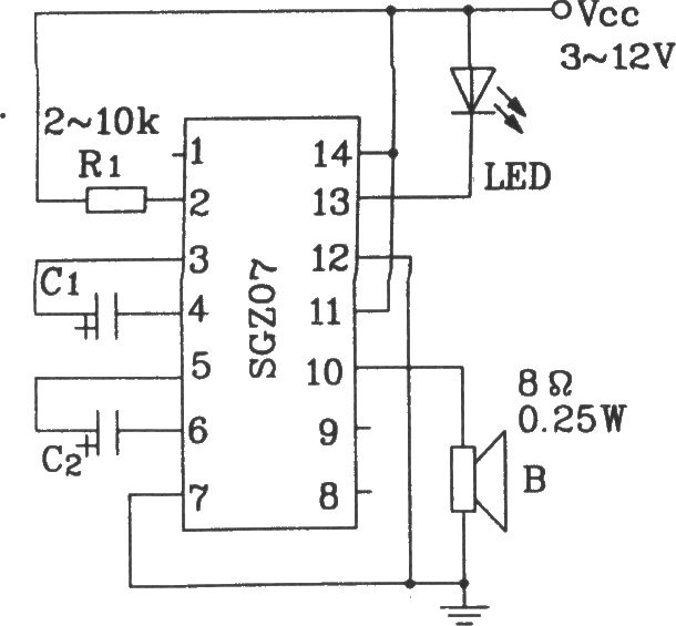 由SGZ07声、光报警集成电路构成双频率声、光信号