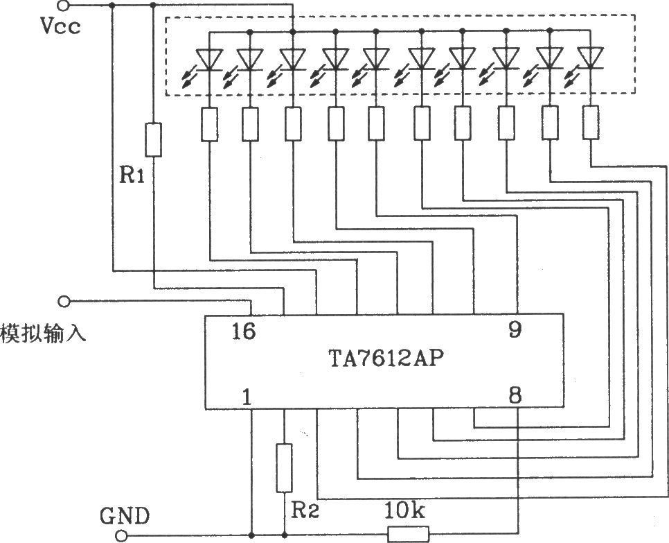 TA7612AP构成一条10点共阳极型对数显示驱动电路