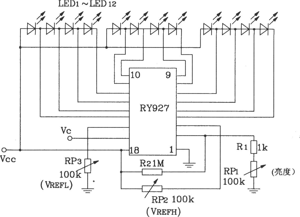 RY927多段LED驱动线性显示器典型应用电路