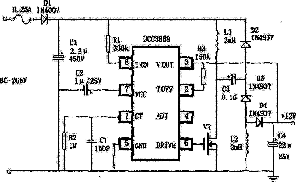 UCC3889组成的非隔离12V直流稳压电源