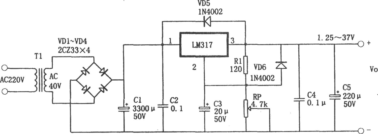 LM317构成的1.25～37V可调电源
