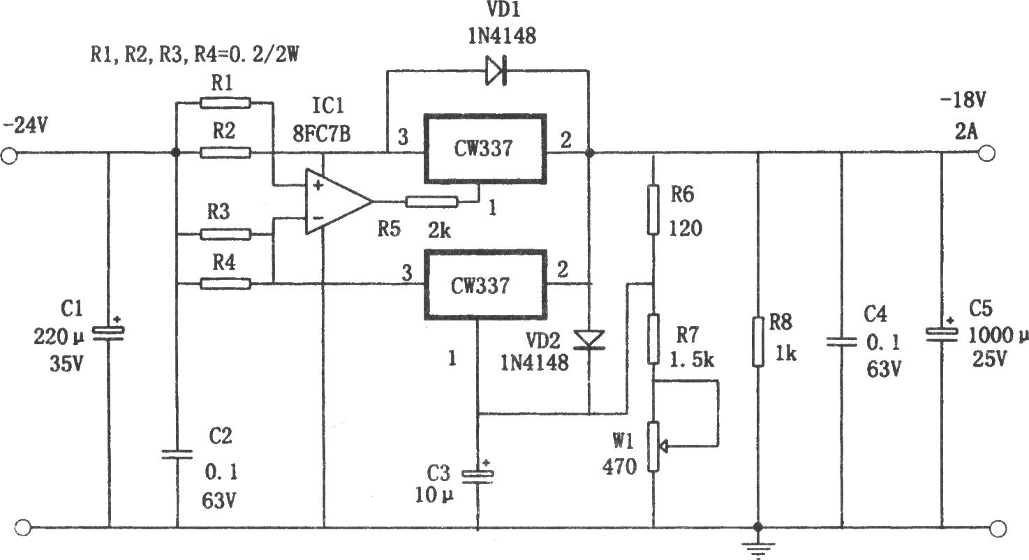 CW337构成并联扩流的-18V、2A电源