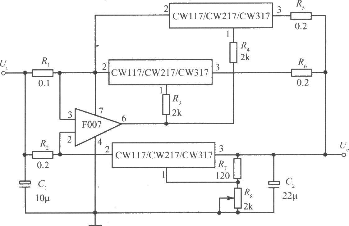 三只CW117/CW217/CW317构成的并联扩展输出电流