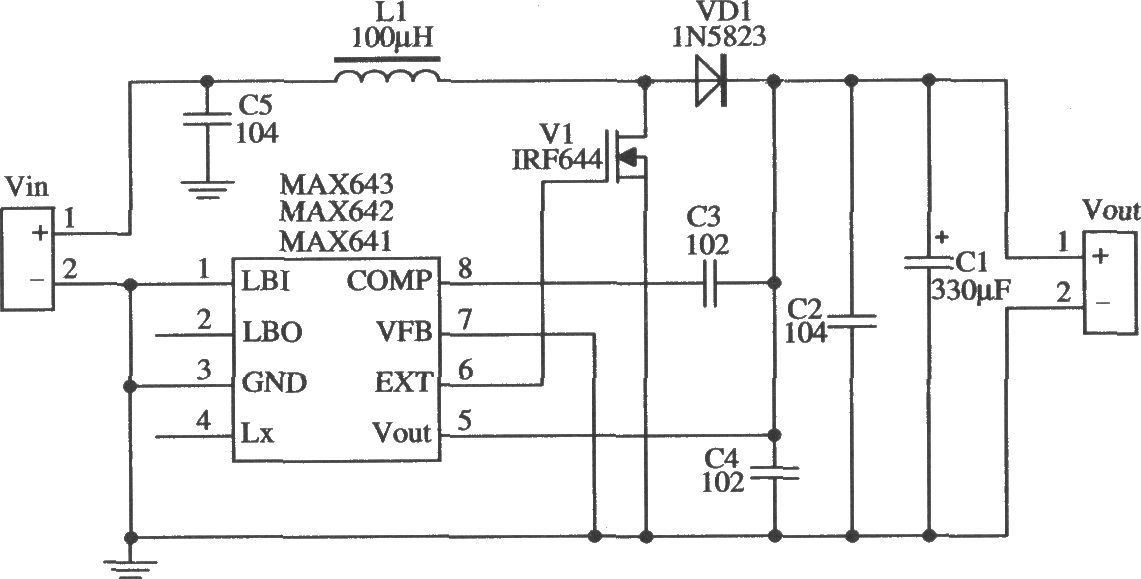 MAX641/MAX642构成的输出电流较大的升压型应用电路