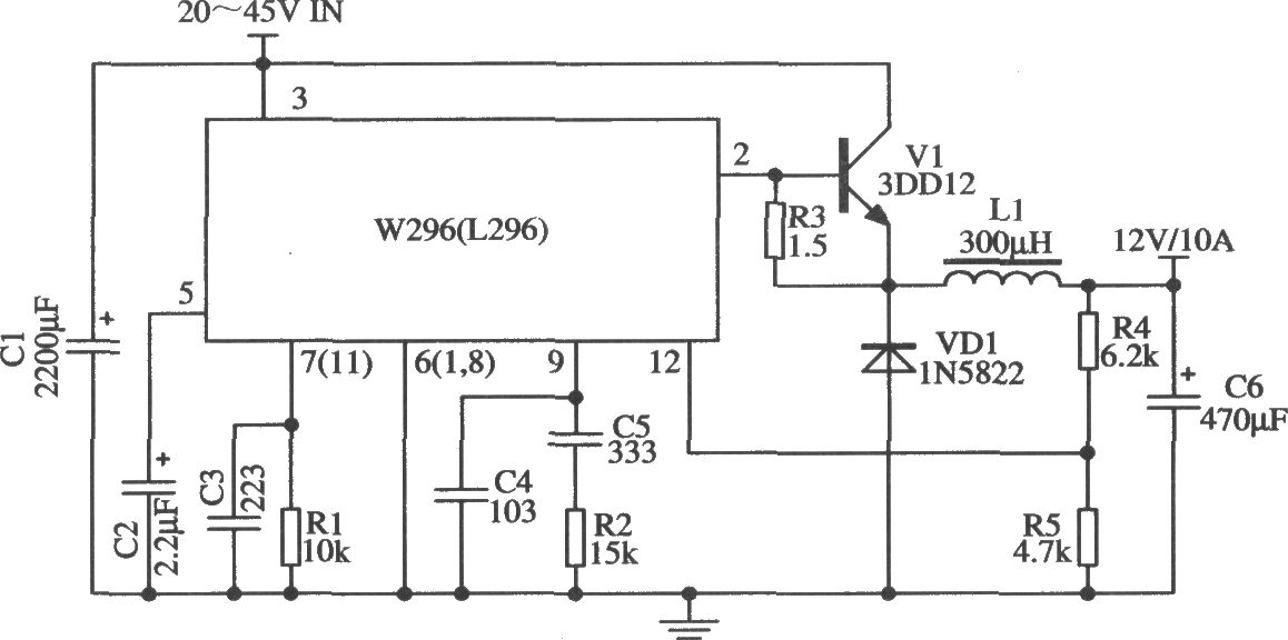 W296构成的输出l2V／10A的扩流应用电路
