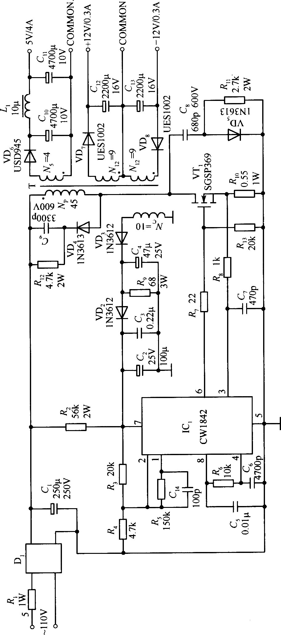 由CW1842外接MOS功率管单端反射变换器电路