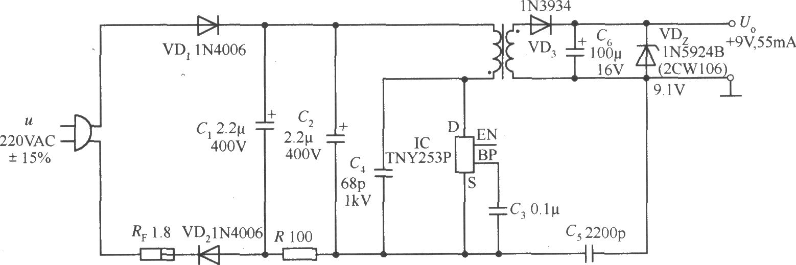 TNY253P构成的9V、55mA AC／DC变换器电路