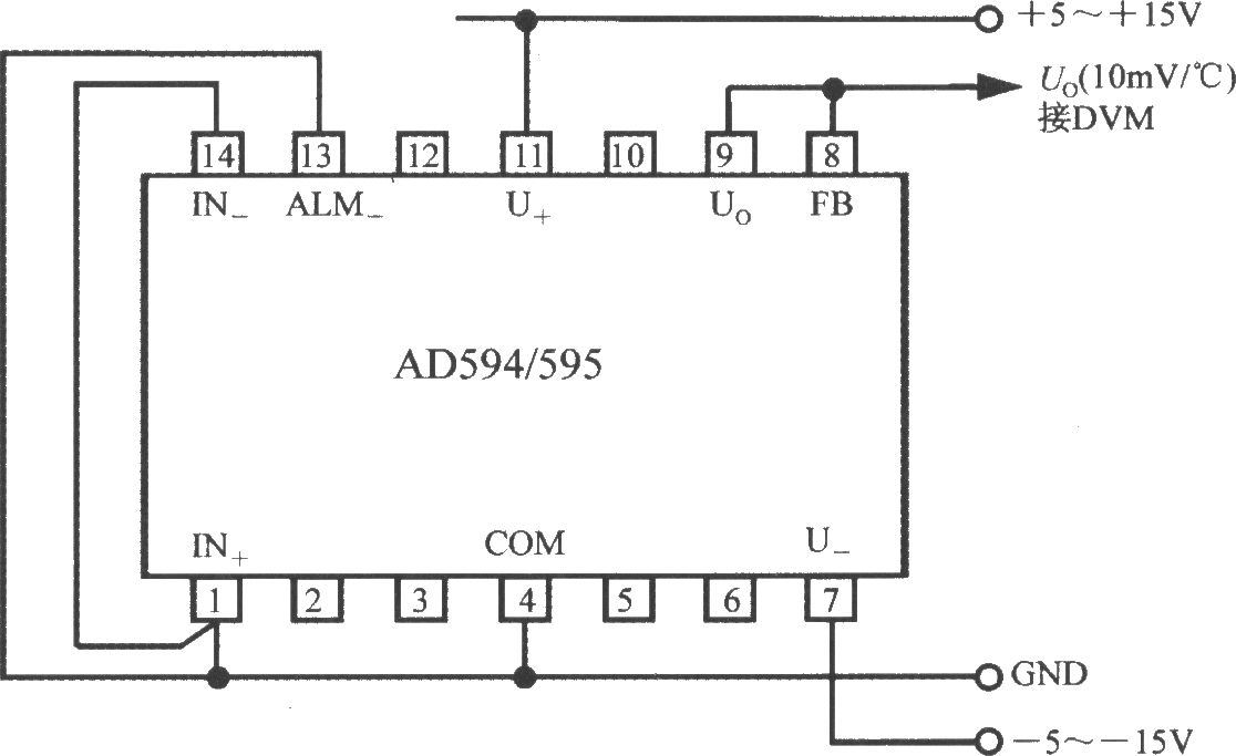 由热电偶冷端温度补偿器AD594/595构成的摄氏温度计电路
