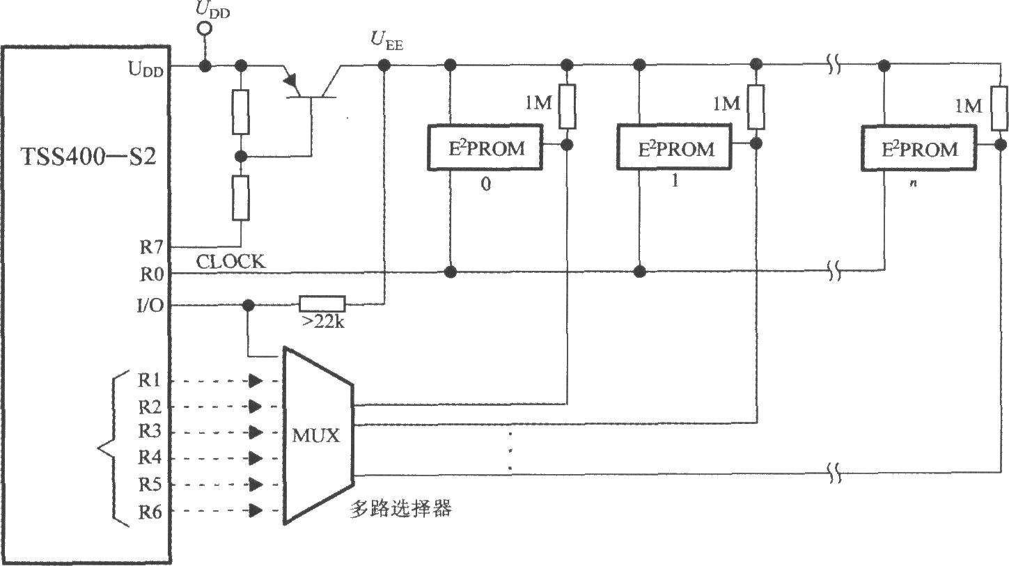 低功耗可编程传感器信号处理器TSS400-S2与E2PROM的接线图