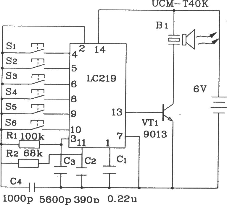 LC219/220A构成超声波6路遥控接收应用电路图