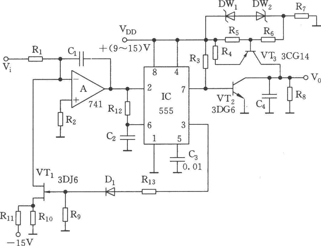 输出为线性锯齿波的电压／频率转换器电路(555